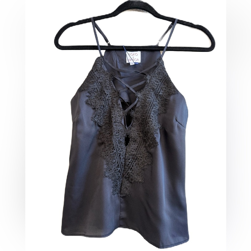KOKO+MASON Cherish Love Blue-Black Satin Camisole Size Small